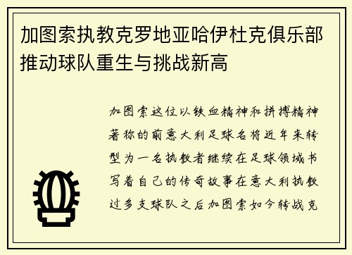 加图索执教克罗地亚哈伊杜克俱乐部推动球队重生与挑战新高
